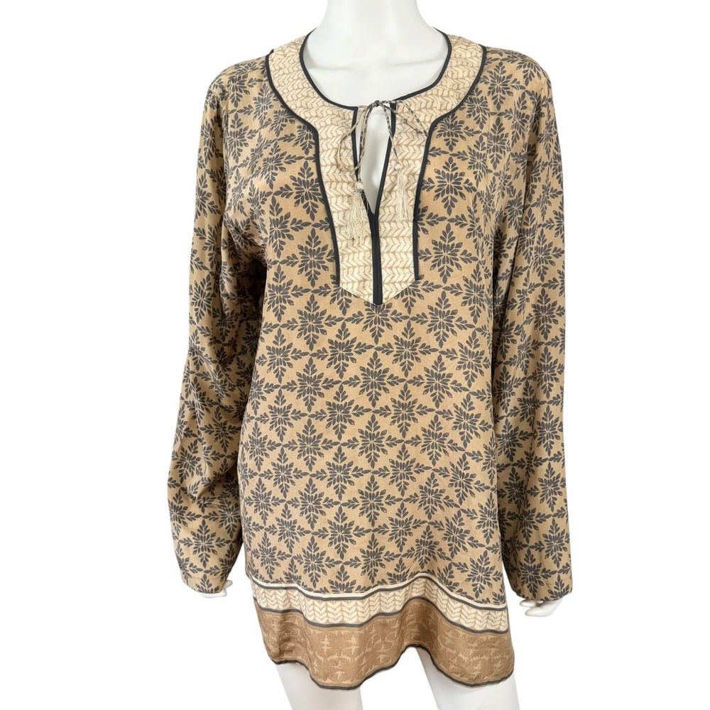 Sigrid Olsen Signature Silk Tunic Blouse XL Floral Print Tassel Tie Split Neck